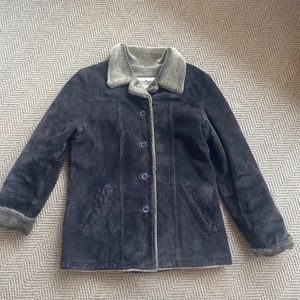 Eddie Bauer brown leather suede coat with faux fur lining. Size Petite Small